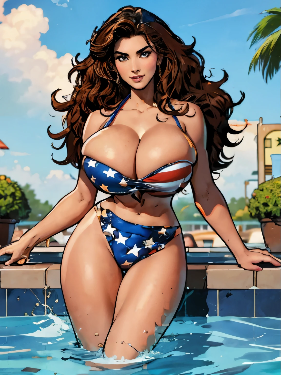 Smiling, looking at viewer, Gorgeous and sultry busty athletic, toned, (thin) brunette with sharp facial features and (big hair) and (huge breasts, long legs) wearing a star-spangled bikini, Americana, swimming pool.