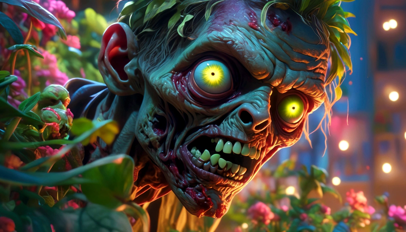 zombie vs plants, wide shot, full body, detailed portrait, beautiful detailed eyes, extremely detailed face, colorful garden, vibrant colors, warm lighting, digital painting, 8k, hyperrealistic, cinematic, intricate details, masterpiece, anime screencap, 