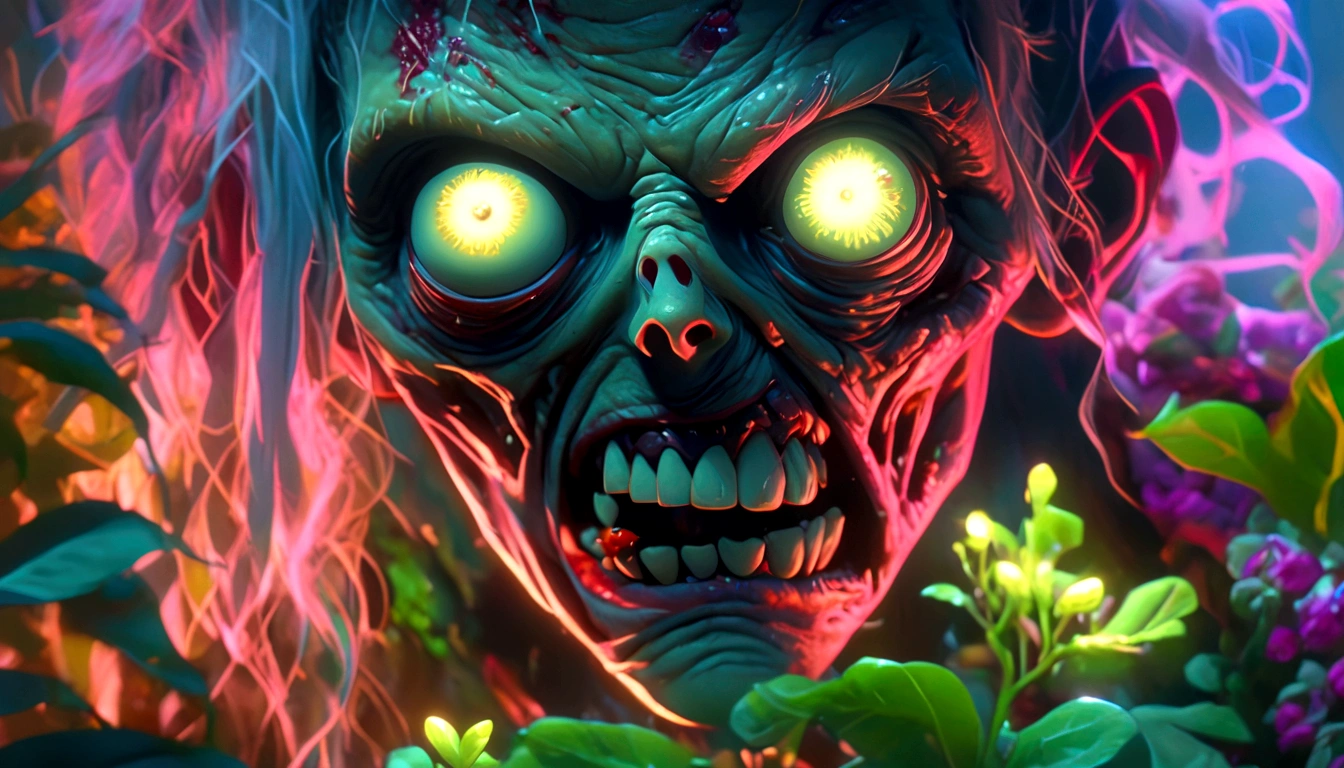 zombie vs plants, wide shot, full body, detailed portrait, beautiful detailed eyes, extremely detailed face, colorful garden, vibrant colors, warm lighting, digital painting, 8k, hyperrealistic, cinematic, intricate details, masterpiece, anime screencap,