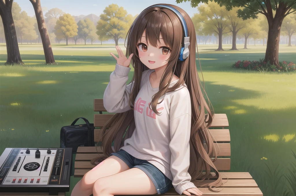 One girl, alone, 20-year-old, Brown eyes, Brown Hair, Long, beautiful wavy hair, smile, Nice casual clothes, grassland, Sit on a bench, headphone, djing, masterpiece, Fine Fingers, 最high quality:1.4, high quality, detailed,