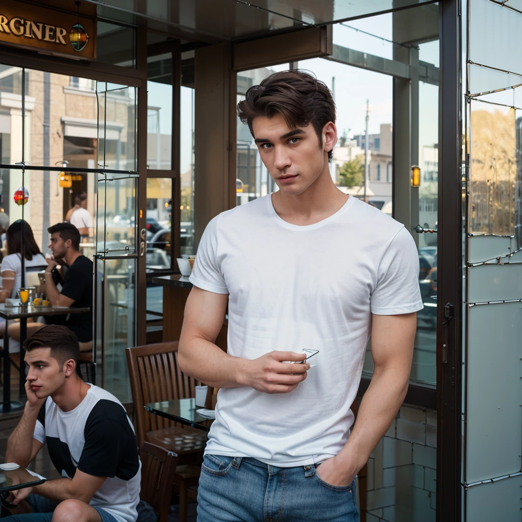 Handsome 26 year old man, 170cm tall, 60kg weight, Caucasian skin, dark hair, grey-eyed, Wearing White T-shirt, jeans, looking elsewhere, (((in front of a restaurant with glass statements))), natural morning light, 8K Realistic Portrait, highy detailed, analog style, (((whole body))),