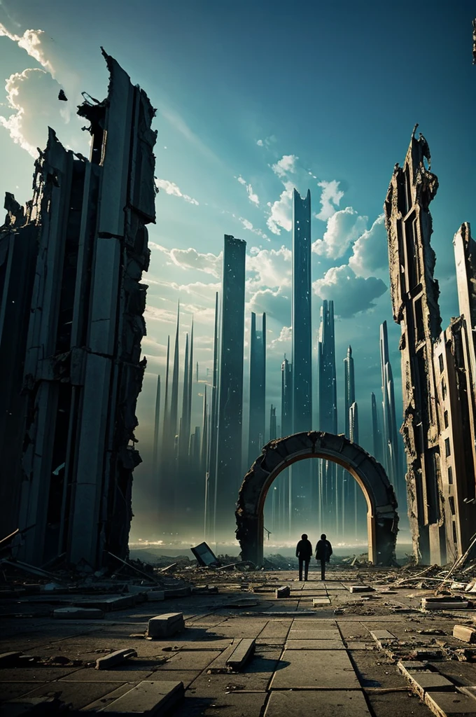 Separation of 3 universes, a destroyed city, future and a field. Between the universes put like a portal