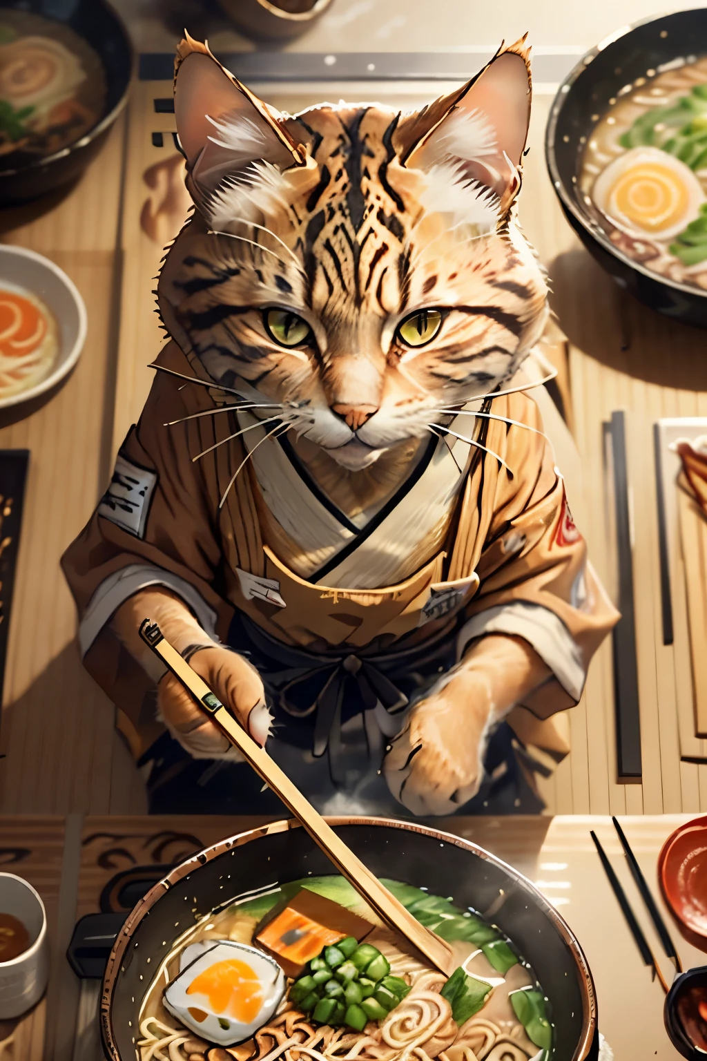 (A brown tabby cat is preparing ramen on the table:1.2)、(manner:1.3)、Close-up photo at Glasstech Kitchen、Ultra-realistic and intricate detail、(Foggy:1.1)、Top view