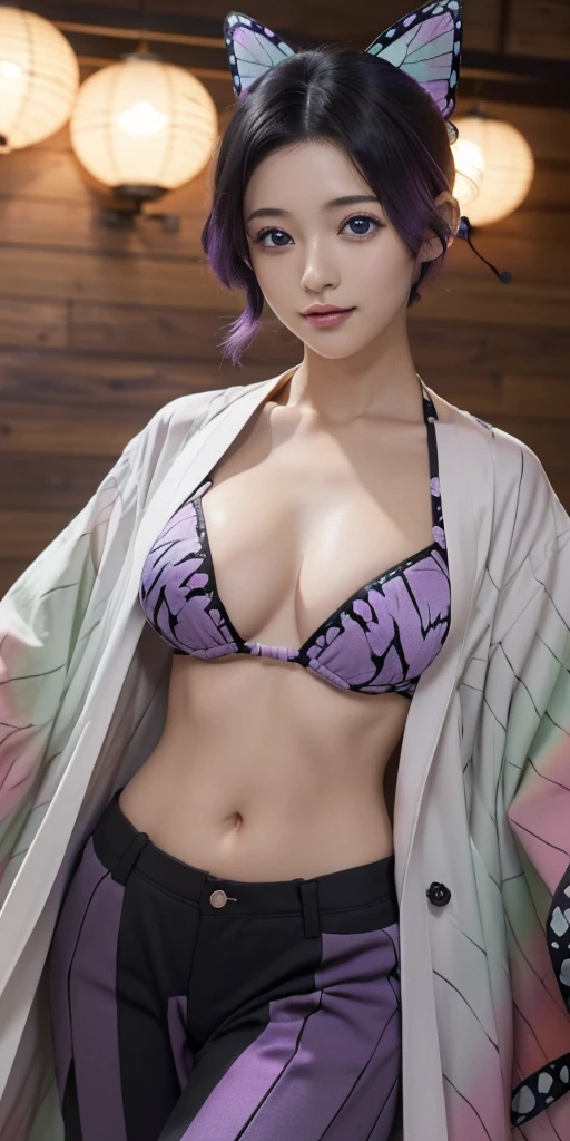 (masterpiece:1.2), best quality, high resolution, unity 8k wallpaper, (illustration:0.8), (beautiful detailed eyes:1.6), extremely detailed face, perfect lighting, extremely detailed CG, (perfect hands, perfect anatomy), shinobukochou, shinobu kochou, seductive smile, animal print, black hair, butterfly, butterfly hair ornament, butterfly print, forehead, gradient hair, hair ornament, haori, multicolored hair, parted bangs, purple hair, short hair, two-tone hair, black pants, butterfly print, coat, purple bikini, haori, japanese clothes, underware, looking at viewer, cleavage,