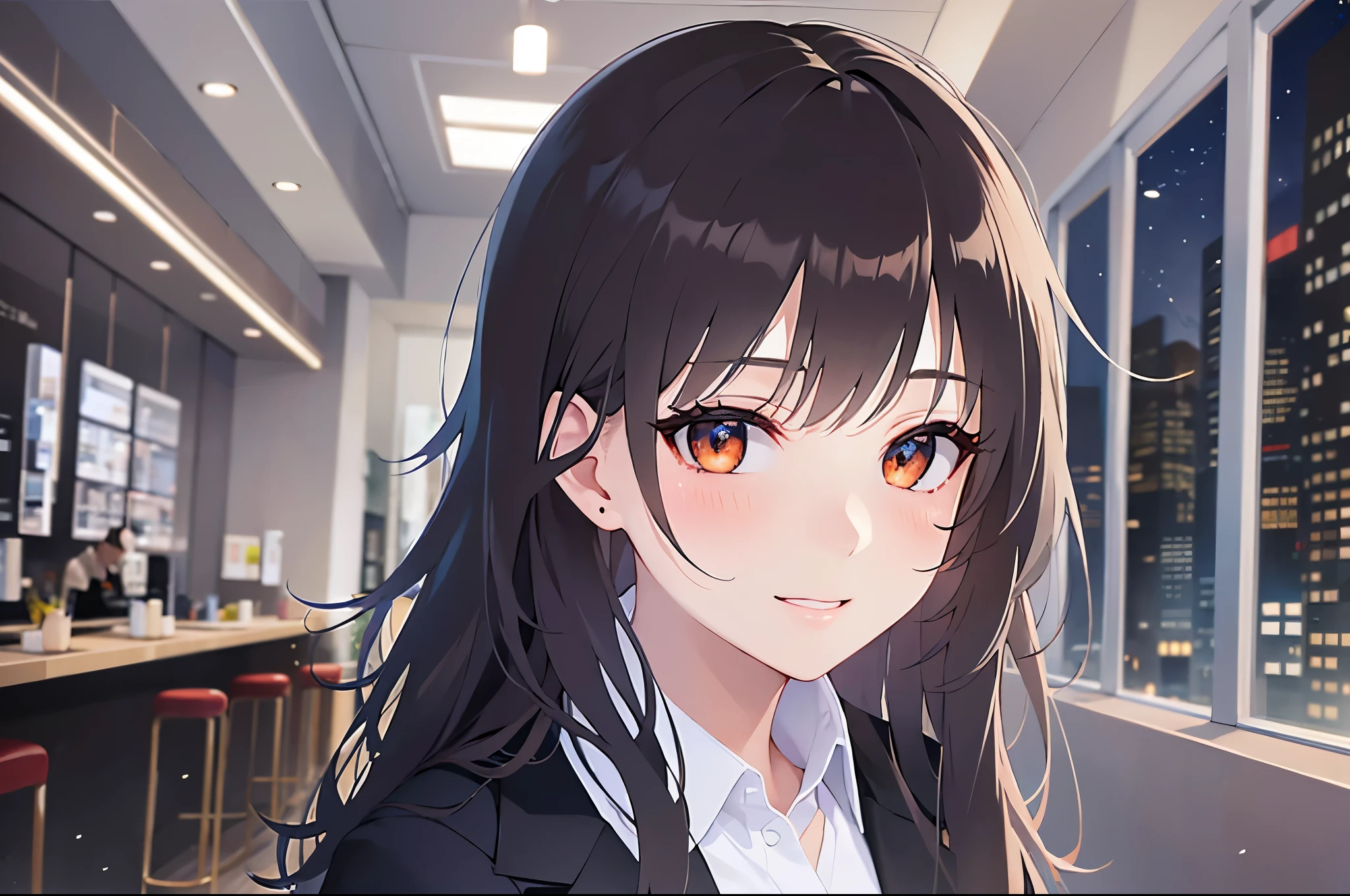 close-up,looking at viewer,Looking up,Realistic, real person, (pale skin: 1.2), RAW photo, photorealistic, shiny skin, shiny hair、 (A 35-year-old woman with medium-length hair and bangs) and (wavy hair) and (brown hair) and (Orange Eyes) (Wearing a business suit:1.5) and (Wearing a white collared shirt),(blush:1.5) ,smile、The background is the interior of a restaurant at night.、Alone、(Wearing a black jacket:1.5)