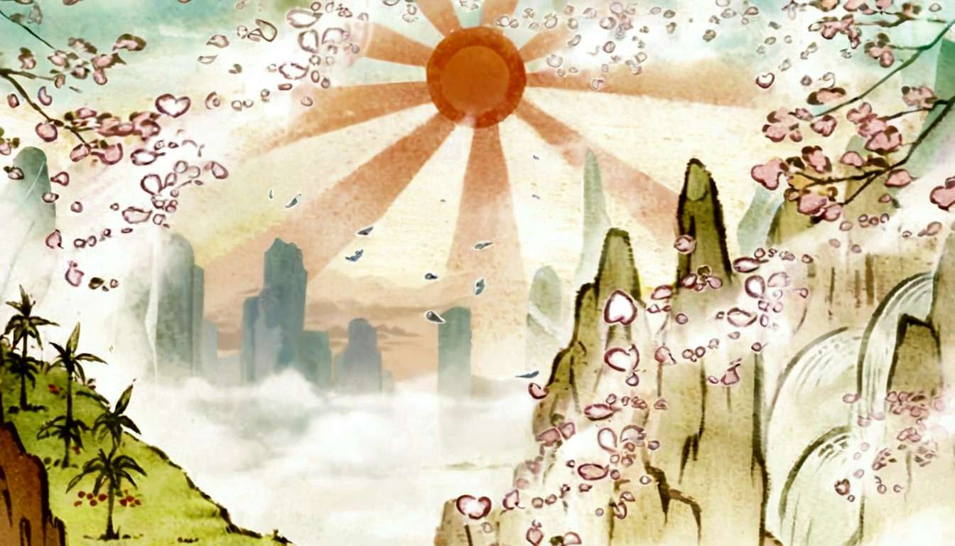 illustration of a painting of a mountain with a sun and a river, anime landscape, Sunny day background, Sunrise over Solar Punk City, anime cute peace dinner, background art de anime, rays of sunlight. Digital illustration, blurred and dreamy illustration, anime style cityscape, background art, anime scenery concept art, blurry and dreamy illustration, Sunrise over the city of Solarpunk, dreamlike sunraise