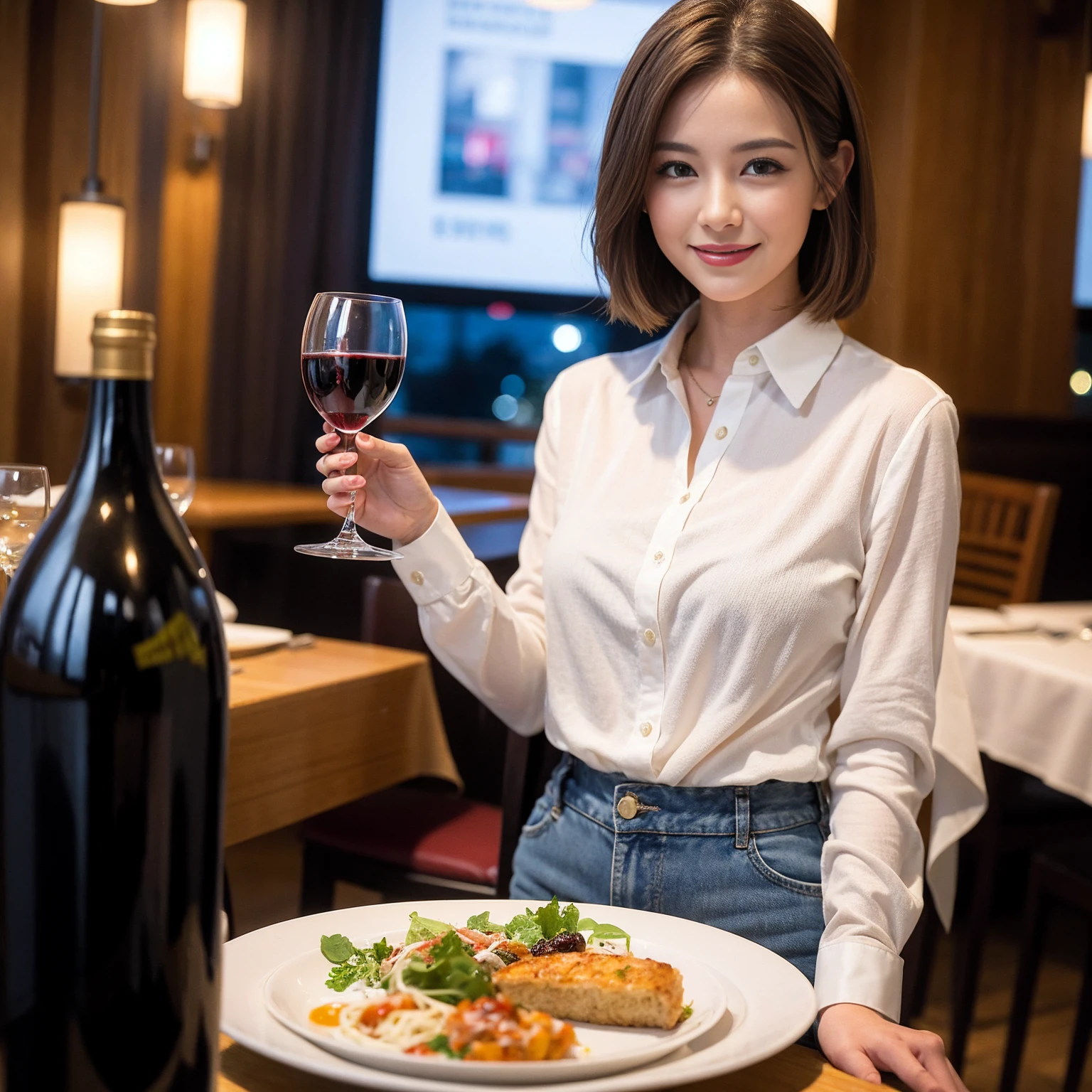 ((Highest quality、8K、masterpiece:1.3))、slimカップル、modelカップル、(Realistic, Intricate details:1.2), full-course dinner、Wine Party、Amazing view of the sunset sky and clouds、A bright smile、The wonderfulness of smile、Bright image、The beauty of wine, Beautiful Face, blue eyes, The light shines on your face, Blushing, short hair,Bright Face、 (Age 37), 39 years old, red wine 、Appetizers、Italian food、Wine bottle、Champagne、sparkling wine、Two beauties、Brown Hair、Shortcuts、Long sleeve shirt、dress、Beautiful woman 1, (slimな顔), (The body is slim), (Brown Hair), (Shortcuts), cheeks turn a little red,Attractive beauty、restaurant, In a prominent place (From the waist up) Nova Frog Style, actress, model, Upper Body, White wine, slim, wine glass, 中央に置かれたwine glass, smile, (smile: 1.15), Beautiful fine grain, Depth f/2,saturation, High Contrast, Strong light and shadow,Moist Body:1.5、3D texture、Delicate eyes、Brown Hair、The hair is very shiny、