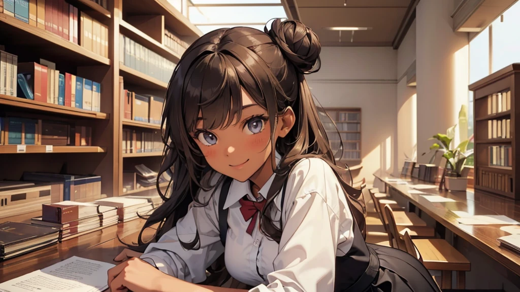 (((Masterpiece, highest quality, high definition, high detail)))), (((modern))), ((Inside college library)), ((standing in library)), (((one girl))), detailed eyes, beautiful face, tomboy, student clothes, girl with dark skin, ((long black hair in a bun)), hazel eyes, blunt bangs, wearing student clothes, student skirt, blushed face, large , (dark skin0.8), (long brown + wavy hair1.2), looking at viewer, kind look, smiling sweetly