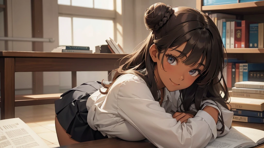 (((Masterpiece, highest quality, high definition, high detail)))), (((modern))), ((Inside college library)), ((standing in library)), (((one girl))), detailed eyes, beautiful face, tomboy, student clothes, girl with dark skin, ((long black hair in a bun)), hazel eyes, blunt bangs, wearing student clothes, student skirt, blushed face, large breasts, (dark skin*0.8), (long brown + wavy hair*1.2), looking at viewer, kind look, smiling sweetly