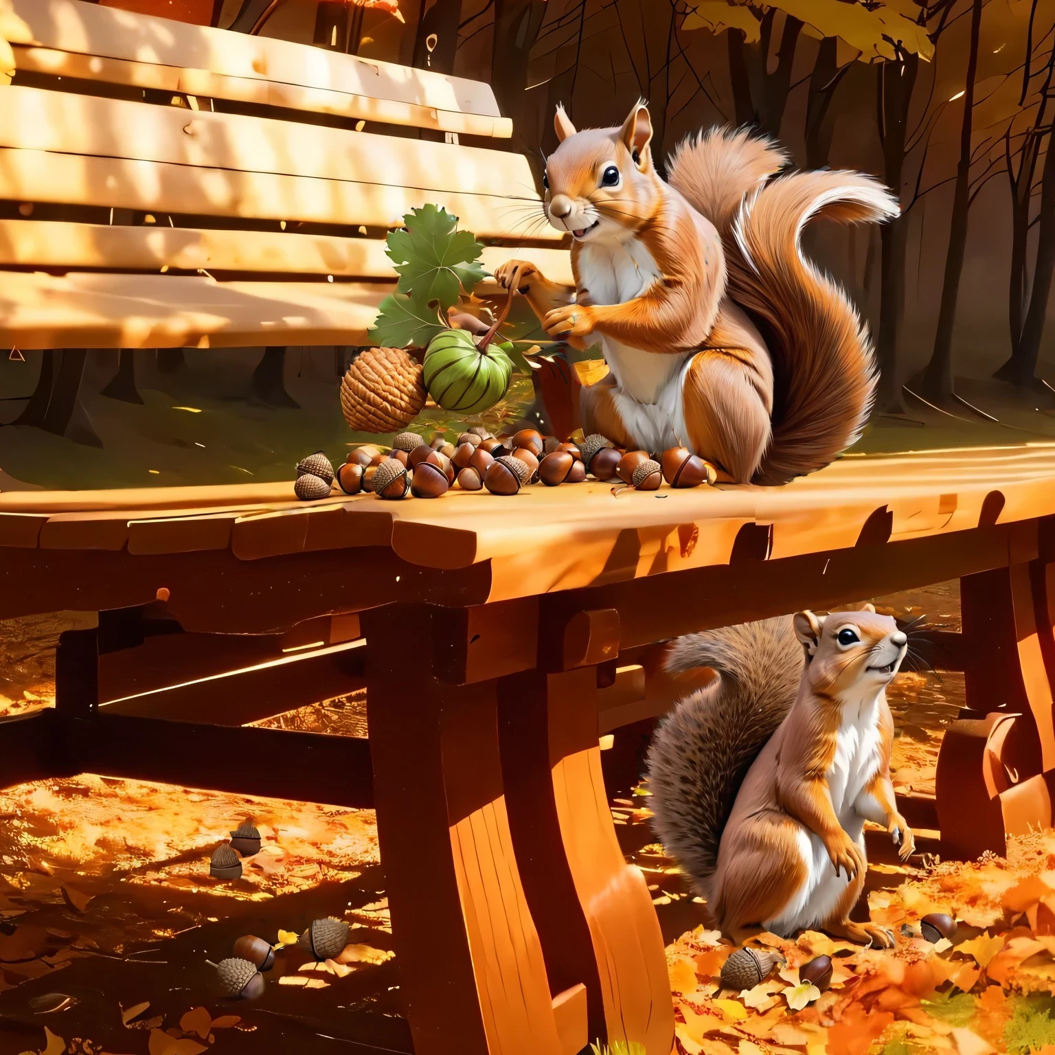 (8K, 16K, Awards, Highest quality, High resolution, Very detailed,Anatomically correct, Realistic, RAW Photos, Tabletop: 1.1),
(squirrel:1.5),二匹のsquirrelはベンチの上,Holding an acorn with both hands and biting into it