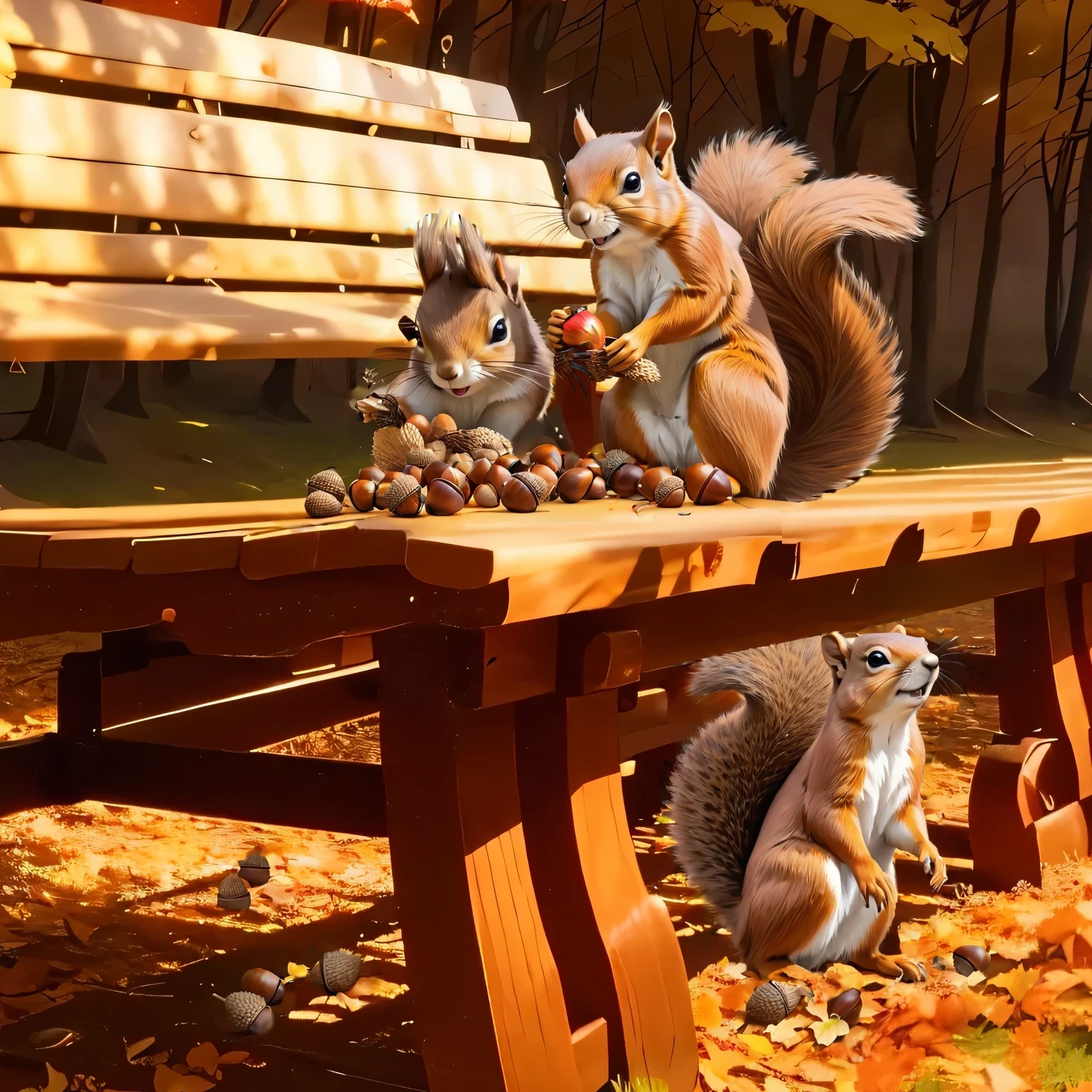 (8K, 16K, Awards, Highest quality, High resolution, Very detailed,Anatomically correct, Realistic, RAW Photos, Tabletop: 1.1),
(squirrel:1.5),二匹のsquirrelはベンチの上,Holding an acorn with both hands and biting into it