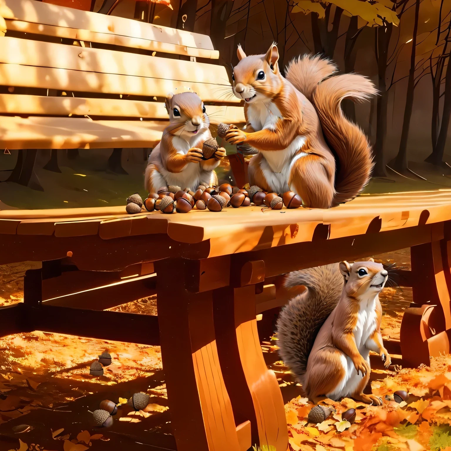 (8K, 16K, Awards, Highest quality, High resolution, Very detailed,Anatomically correct, Realistic, RAW Photos, Tabletop: 1.1),
(squirrel:1.5),二匹のsquirrelはベンチの上,Holding an acorn with both hands and biting into it