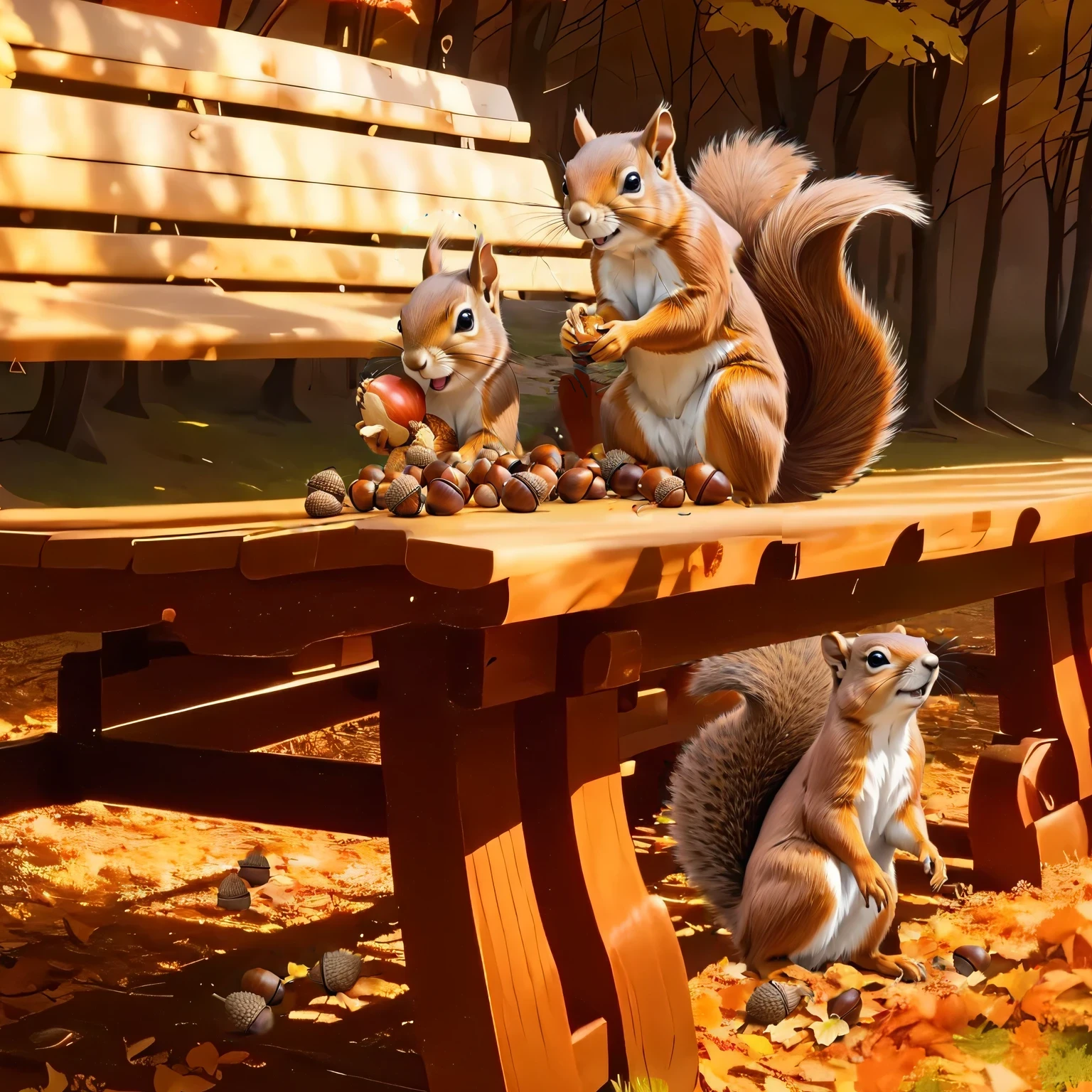 (8K, 16K, Awards, Highest quality, High resolution, Very detailed,Anatomically correct, Realistic, RAW Photos, Tabletop: 1.1),
(squirrel:1.5),二匹のsquirrelはベンチの上,Holding an acorn with both hands and biting into it
