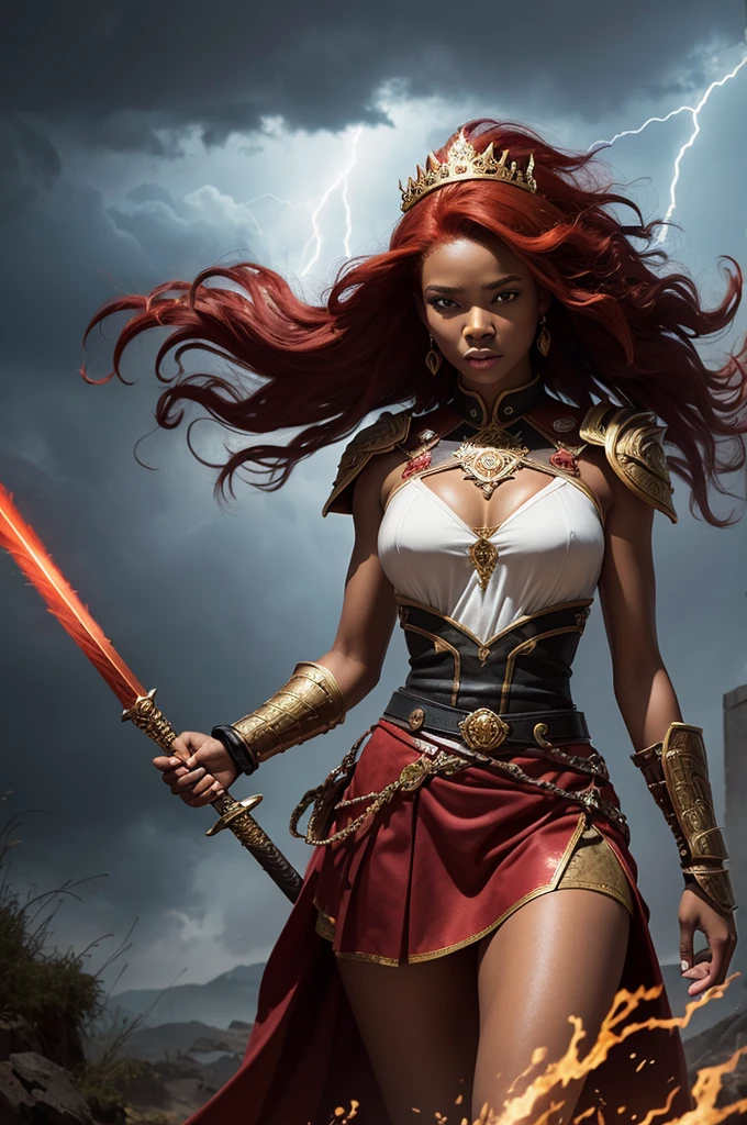 "Black woman, with flowing red hair, adorned with a crown of copper and gold on her head, wearing a skirt of red and white, with a fierce and determined demeanor, depicted in a stormy sky amidst lightning and swirling winds, accompanied by warriors clearing a path for her to pass, holding in her hand a double-edged sword symbolizing her strength and leadership."