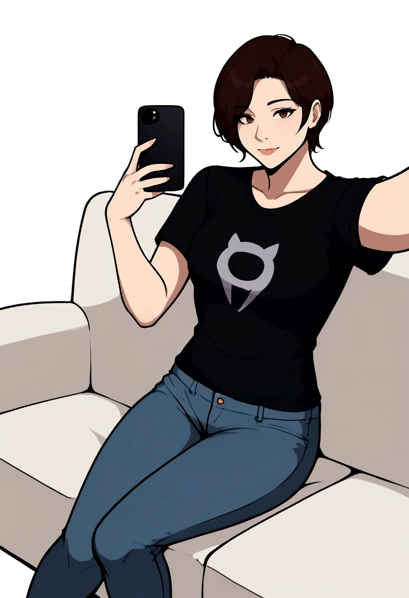 woman, taking a (selfie:1.5) , (black T-shirts and denim pants), sitting on the sofa, white background, (short hair), BREAK, LAW, best-quality, masterpiece, 