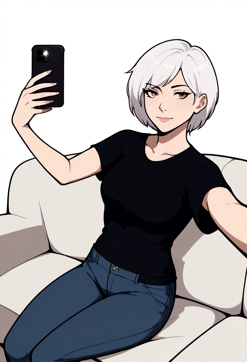 woman, taking a (selfie:1.5) , (black T-shirts and denim pants), sitting on the sofa, white background, (short hair), BREAK, LAW, best-quality, masterpiece, 