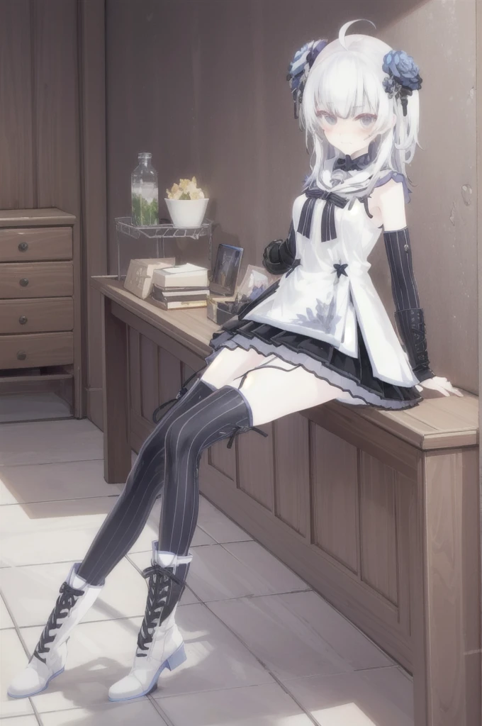 (best quality),(Masterpiece),dynamic angle,(extreme detailed illustration),(extremely detailed CG unity 8k wallpaper),amazing,Depth of field,(highly detailed),((an extremely delicate and beautiful)),((1girl)),((extremely detailed eyes and face)),detail hands,thighhighs,full body,hair ornament,ahoge,hair flower,flower,white footwear,boots,looking at viewer,dress,striped thighhighs,white hair,bangs,striped,grey eyes,detached sleeves,black thighhighs,vertical-striped thighhighs,two side up,nail polish,hair between eyes,medium hair,full_shot,full body,solo,bare shoulders,short sleeves,hair ornament,mugshot,hands up,holding paper,spotlight,wall,grey background,disgust,crying,streaming_tears,kanji,((looking disgusted)),very angry,disappointed,