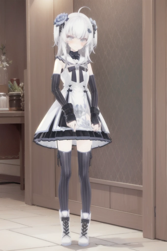 (best quality),(Masterpiece),dynamic angle,(extreme detailed illustration),(extremely detailed CG unity 8k wallpaper),amazing,Depth of field,(highly detailed),((an extremely delicate and beautiful)),((1girl)),((extremely detailed eyes and face)),detail hands,thighhighs,full body,hair ornament,ahoge,hair flower,flower,white footwear,boots,looking at viewer,dress,striped thighhighs,white hair,bangs,striped,grey eyes,detached sleeves,black thighhighs,vertical-striped thighhighs,two side up,nail polish,hair between eyes,medium hair,full_shot,full body,solo,bare shoulders,short sleeves,hair ornament,mugshot,hands up,holding paper,spotlight,wall,grey background,disgust,crying,streaming_tears,kanji,((looking disgusted)),very angry,disappointed,