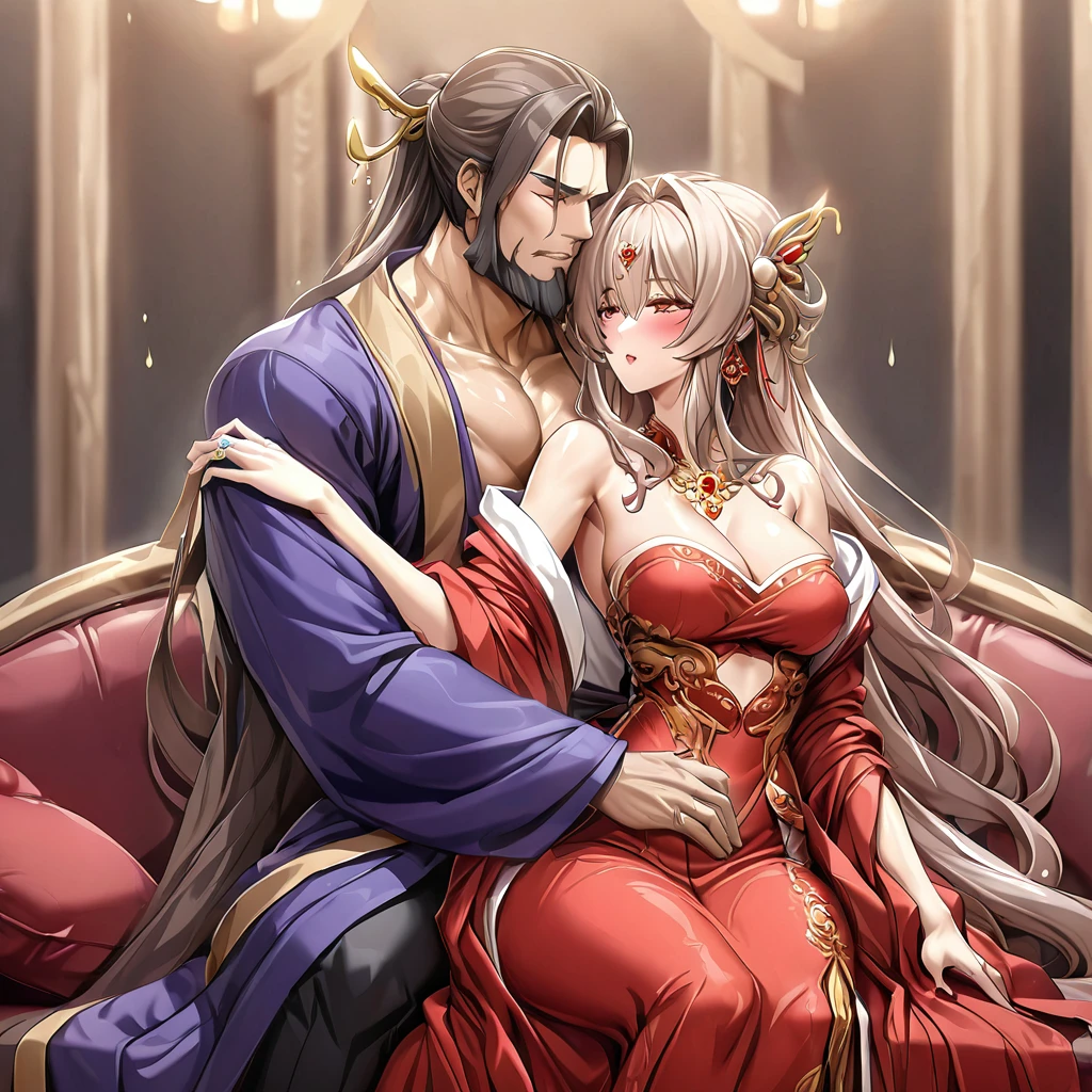 ((Highest quality)), ((masterpiece)), (detailed), (Perfect Face)、The woman is a Chinese beauty, wearing a gorgeous, glittering red Hanfu with lots of gold embroidery, a gorgeous hair ornament, gorgeous jeweled accessories and an engagement ring. The man and woman are sitting on a gorgeous, large sofa in a gorgeous room, and the woman is passionately embracing and passionately kissing the middle-aged Chinese man wearing a dignified and sturdy Hanfu, making passionate love as husband and wife.、The woman is an elegant Chinese beauty with blue, medium-long hair and a red Hanfu with gorgeous gold embroidery all over it.、The man is a dignified, muscular, bearded, middle-aged Chinese man wearing the traditional Chinese dress, Hanfu.