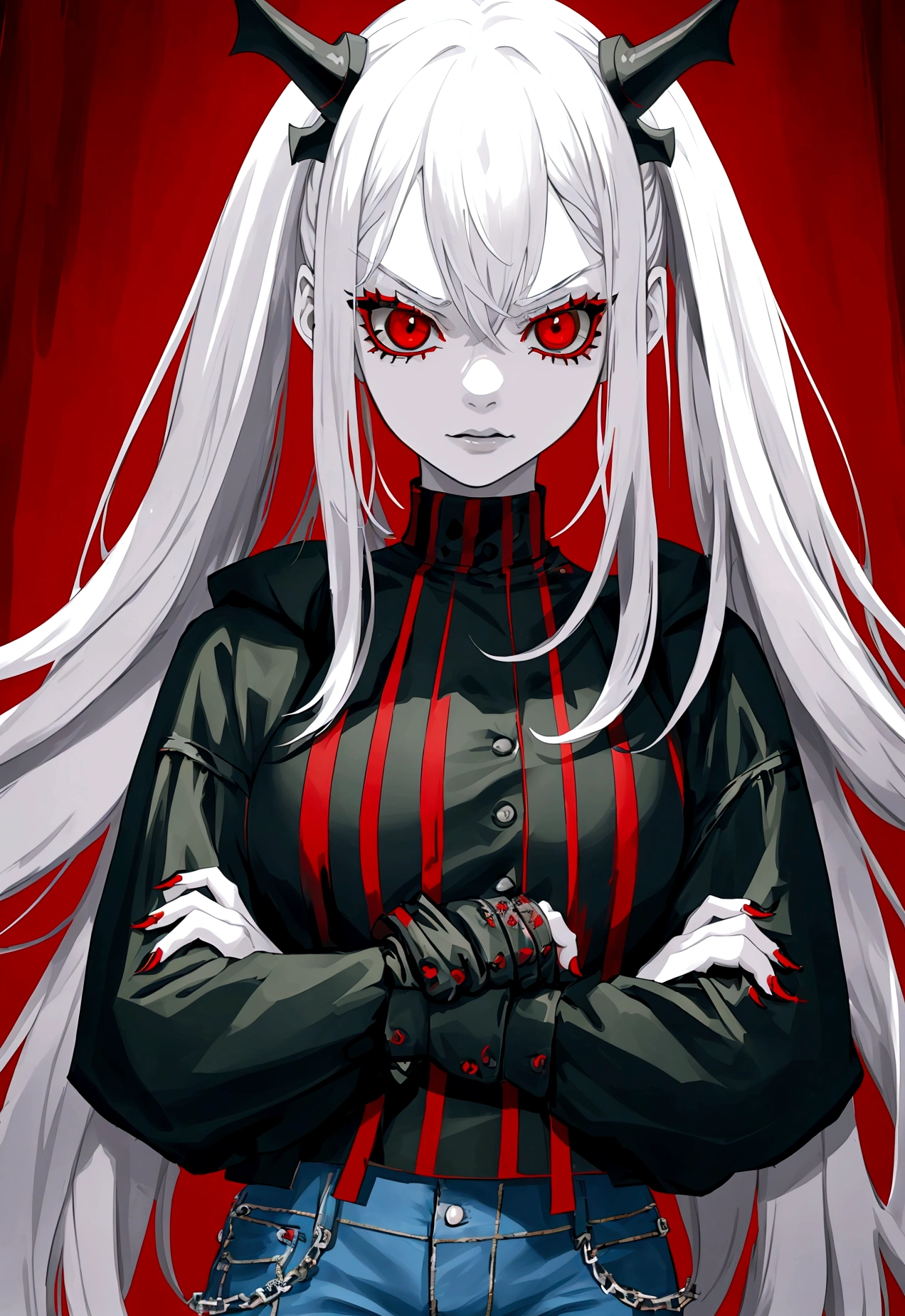 a menacing girl with white hair and red eyes, wearing distressed blue jeans, a black and red striped t-shirt, and a green coat, posing against a Red background, menacing look, (best quality,4k,8k,highres,masterpiece:1.2),ultra-detailed, dark fantasy