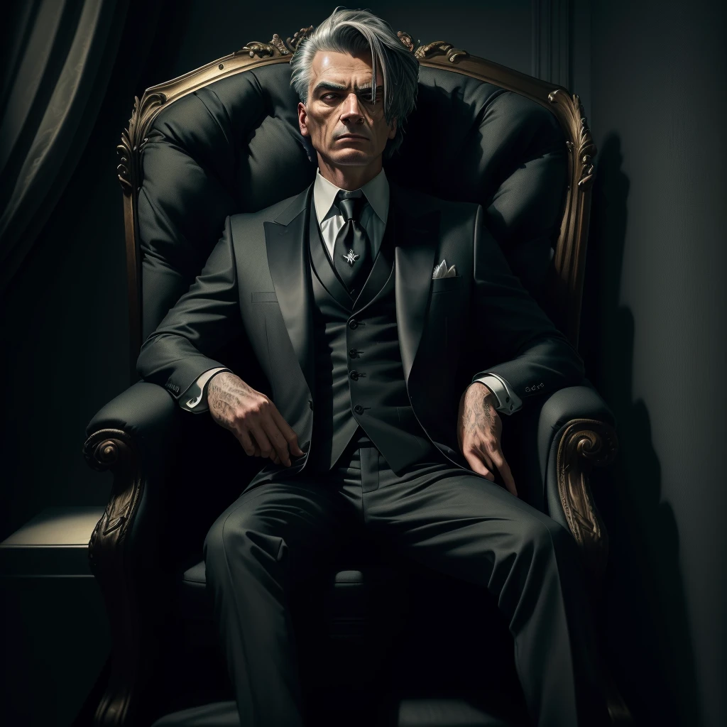 Anthropomorphic eagle wearing a black suit,Sitting in a chair like a company president, YouTube video screenshot, The bird is wearing a black tie, Real-life stills, Live action scenes, Threatening gaze, gentleman, Very emotional, Music video screenshot,Gangster,Gangster style,The overall color is gray-green,Real atmosphere,Dark Mansion,Sitting on a chair in a dark room, epic elegant portrait, corporate boss, High quality portrait, Wearing a serious suit, 3D Rendering Character Art 8k, Portraits, 8K portrait rendering, masterpiece, Portraits 8 k, CEO, Elegant posture