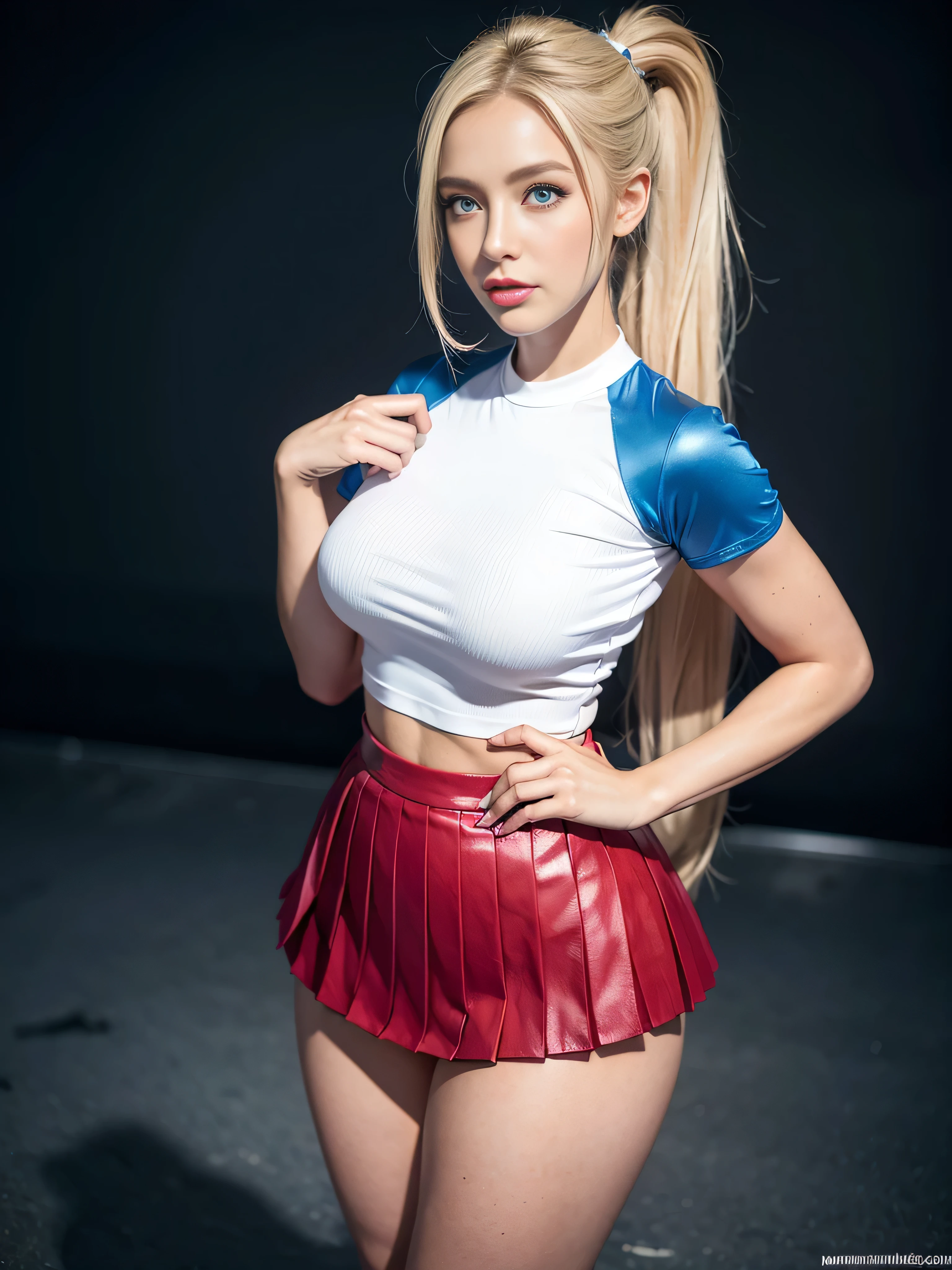 4k, realistic, charismatic, very detailed, there is a girl in the sky, dressed in a super girl costume, she is a super girl, superhero theme, blonde large hair, ponytail, 20 years, full body, (detail in the eyes), (detail in the face), incredibly beautiful, blue eyes, blush, makeup, red lipstick, miniskirt, (wide hips),  (thick thighs), small breasts, dress,, seductive pose, (extreme hourglass figure), thin, svelte, white skirt, boots, tight t-shirt, ((pleated mini skirt))