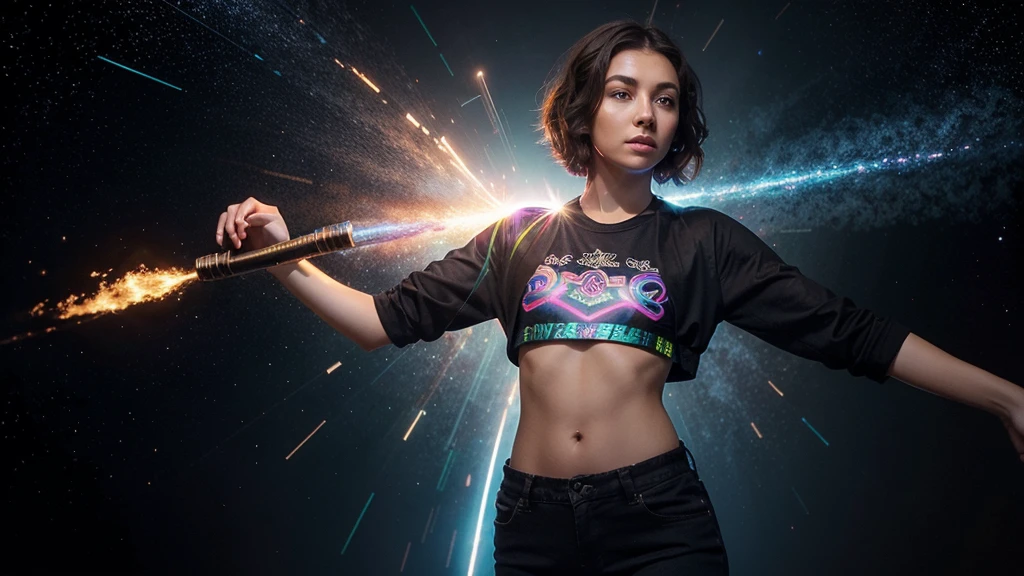 a cute, slender, aerobics instructor, very short brown hair, very short brown hair, very short brown hair, very short brown hair, very short brown hair, brown eyes, dimples, fully clothed, fully clothed, fully clothed, fully clothed, pose; In a kaleidoscopic realm of swirling stardust and neon nebulae, her incandescent form outshines quasars, with obsidian tresses cascading down her silhouette.