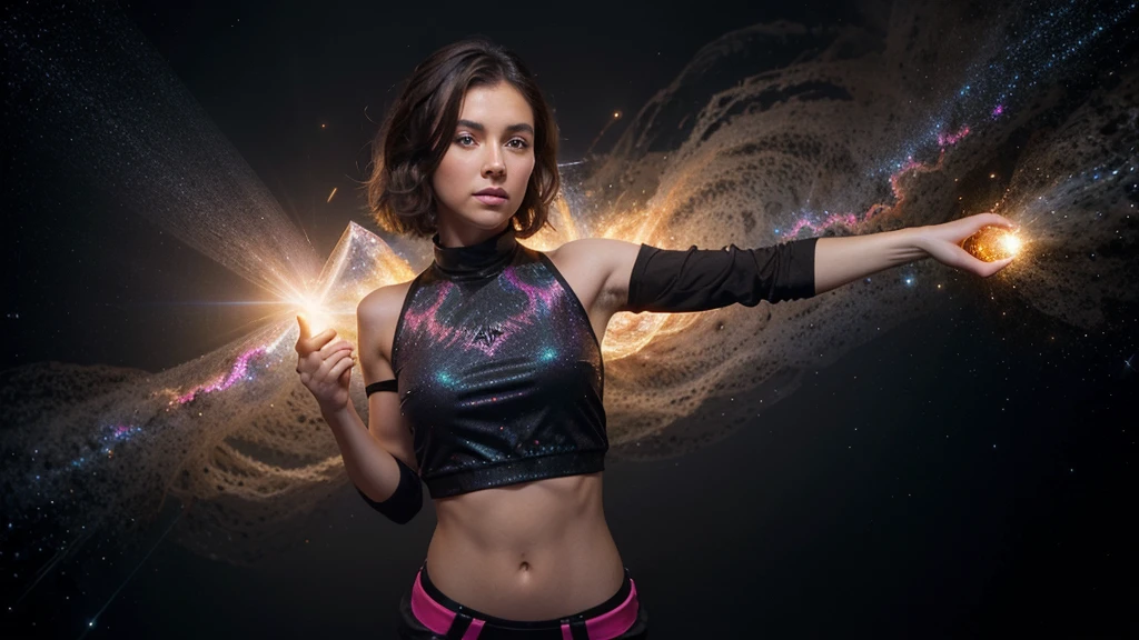 a cute, slender, aerobics instructor, very short brown hair, very short brown hair, very short brown hair, very short brown hair, very short brown hair, brown eyes, dimples, fully clothed, fully clothed, fully clothed, fully clothed, sexy pose; In a kaleidoscopic realm of swirling stardust and neon nebulae, her incandescent form outshines quasars, with obsidian tresses cascading down her silhouette.