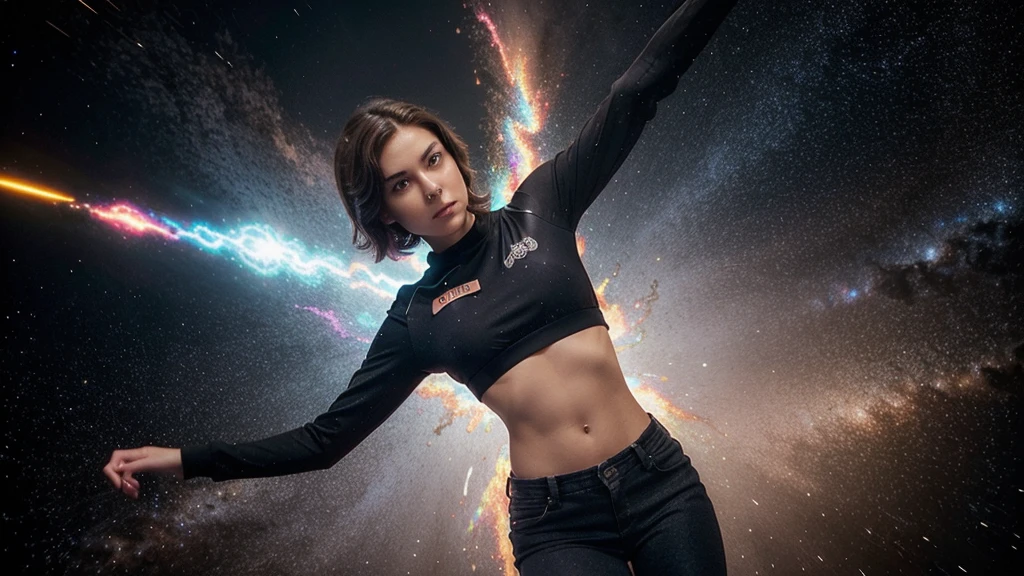 a cute, slender, aerobics instructor, very short brown hair, very short brown hair, very short brown hair, very short brown hair, very short brown hair, brown eyes, dimples, fully clothed, fully clothed, fully clothed, fully clothed, sexy pose; In a kaleidoscopic realm of swirling stardust and neon nebulae, her incandescent form outshines quasars, with obsidian tresses cascading down her silhouette.