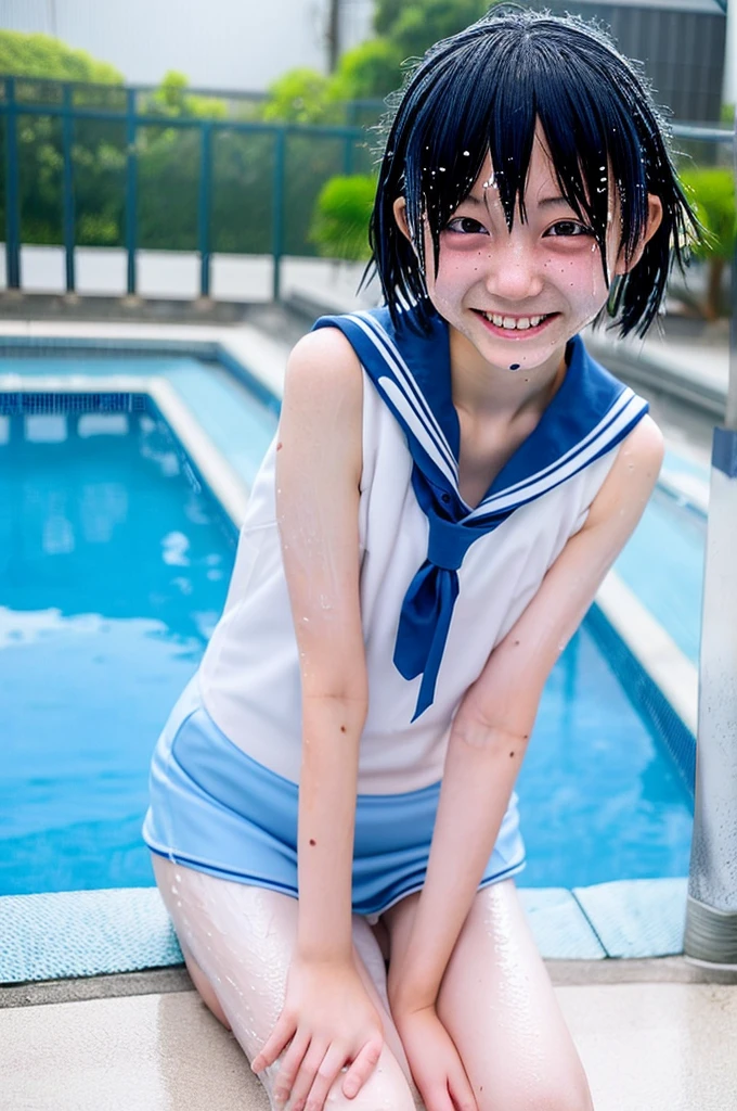 Japanese、 girls、1 person、15 years old、Sailocosplay leotard that is wet and slightly transparent、Wet light blue short hair、 Wet arms、Wet legs、Wet Face、smile、pose、Highest quality, wet poolside
