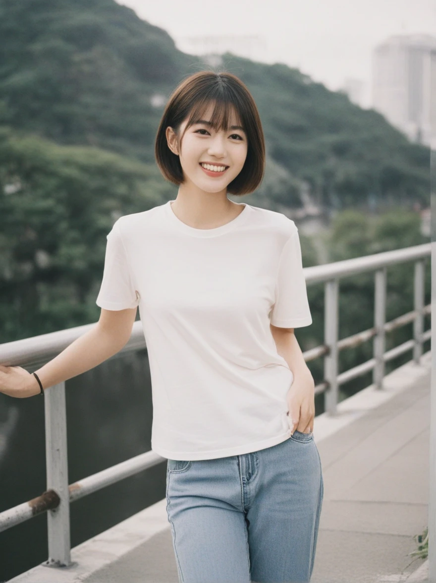a asian woman and a asian girl standing on a bridgesmile,shirt,outdoors,brown hair,realistic,grin,short hair,looking at viewer,pants,,,photography, film grain, .