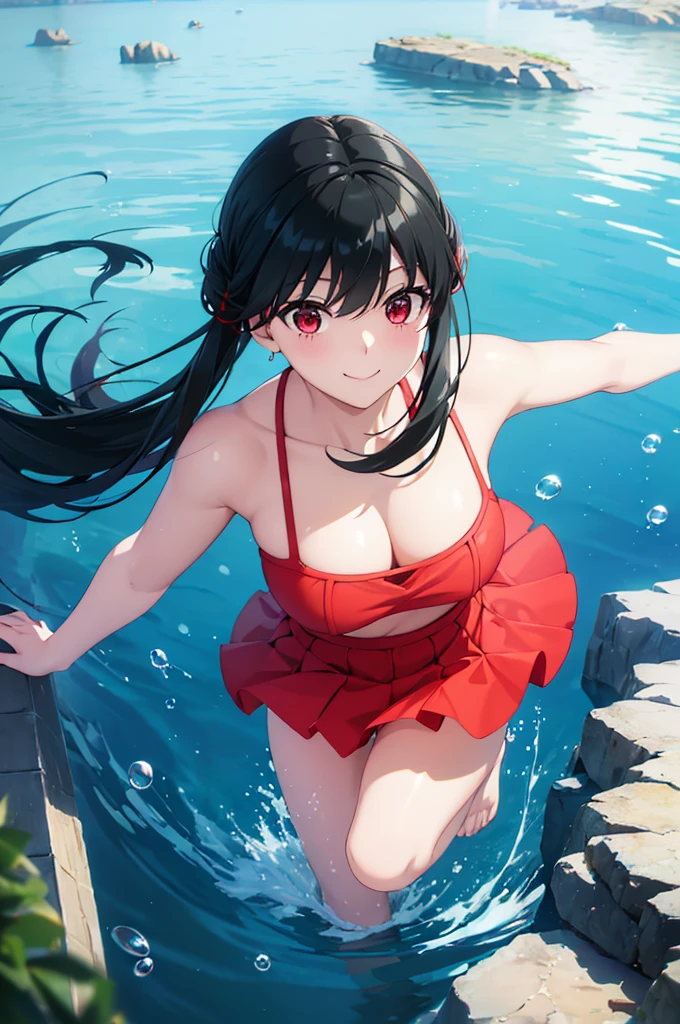 ((best quality)), (ultra-detailed), ((extremely detailed)), (beautiful), ((kawaii girl)), (black:1.3) hair, red (colored inner hair:1.2), long hair, straight hair, swept bangs, asymmetrical bangs, hair intakes, ahoge, kind smile, red eyes, medium large breasts, BREAK, 比基尼, beautiful scenery, underwater, water drop, dynamic lighting, light particle, sunlight, shadow, [Colorful young fishes], (air bubble:1.2), reflection, extremely detailed CG unity 8k wallpaper,White hair band、Red eyes、Black Hair、Yor Briar、smile、Bubble、Floating、Float your legs、流れるBubble、dive、In the sea、One girl、In the water、Playing with fish、In the waterにdive、Swimwear、 the waterで泳ぐ様子