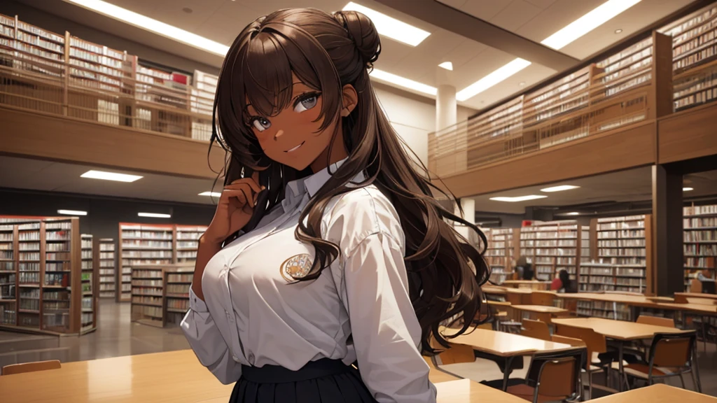 (((Masterpiece, highest quality, high definition, high detail)))), (((modern))), ((Inside college library)), ((standing in library)), (((one girl))), detailed eyes, beautiful face, tomboy, student clothes, girl with dark skin, ((long black hair in a bun)), hazel eyes, blunt bangs, wearing student clothes, student skirt, blushed face, large breasts, (dark skin*0.8), (long brown + wavy hair*1.2), looking at viewer, kind look, smiling sweetly