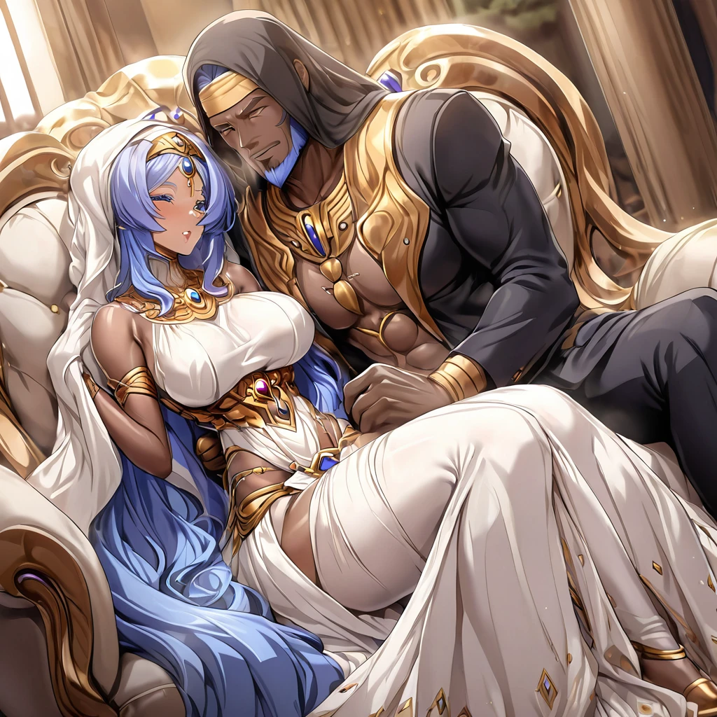((Highest quality)), ((masterpiece)), (detailed), (Perfect Face)、The woman is a Muslim Egyptian with vivid brown skin, wearing a luxurious and glittering garabeya, a gorgeous hijab, gorgeous jeweled accessories and an engagement ring in an Egyptian mansion. The woman and the man are sitting on a luxurious and large sofa in the luxurious room, and the woman is passionately embracing and passionately kissing the dignified, bearded middle-aged man wearing Egyptian traditional clothing, making passionate love as a married couple.、The woman was an elegant Egyptian with medium-long blue hair, wearing a gorgeous and glittering garabeya and a gorgeous hijab. She was a Muslim Egyptian with bright brown skin.、(The woman is a dark-skinned Egyptian named Extia.)、The man is a dignified, muscular, bearded, middle-aged Egyptian Muslim man wearing a galabeya