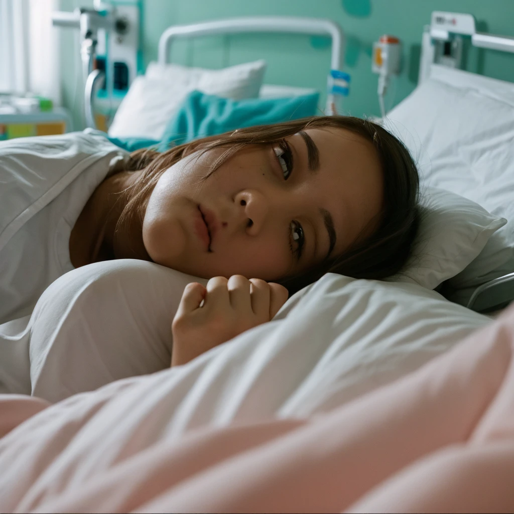 Girl in hospital bed with sad face It&#39;s daytime and looking out the window