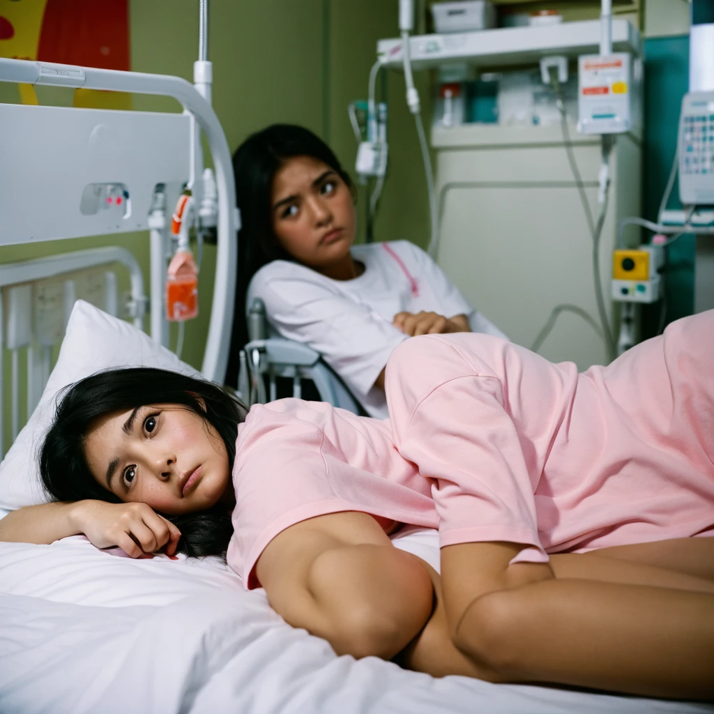 Girl in hospital bed with sad face It's daytime and looking out the window