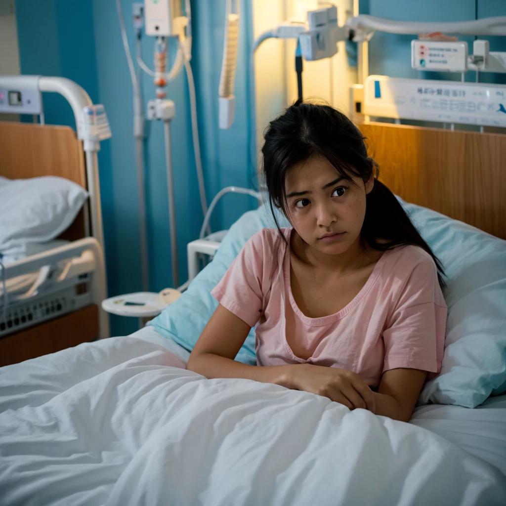 Girl in hospital bed with sad face It's daytime and looking out the window
