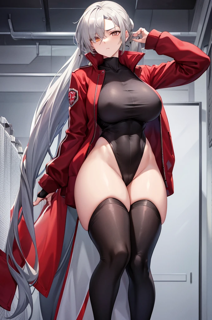 Tall, slim, She has long grey hair tied back in an enormous, messy ponytail that reaches down to her thighs, hair covering one eye, she wears a red jacket, wearing a black full-body suit, golden eyes, angle from below, laboratory background, wide hips, resting hand on head, fit, close angle