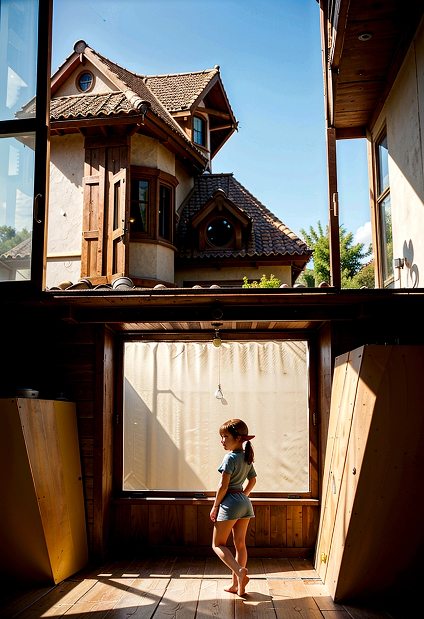 Pixar Style: a house with windows and a small elf with a tail spying on a girl