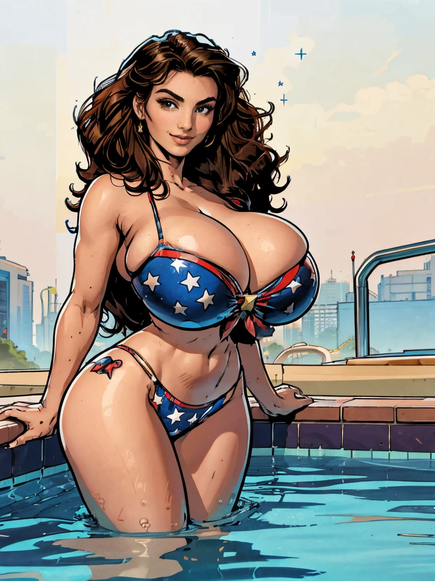 Smiling, looking at viewer, Gorgeous and sultry busty athletic, toned, (thin) brunette with sharp facial features and (big hair) and (huge breasts, long legs) wearing a star-spangled bikini, Americana, swimming pool.