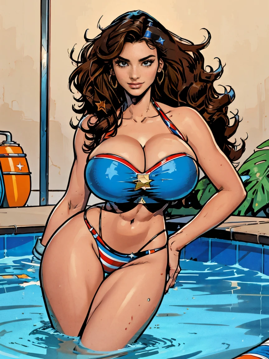 Smiling, looking at viewer, Gorgeous and sultry busty athletic, toned, (thin) brunette with sharp facial features and (big hair) and (huge breasts, long legs) wearing a star-spangled bikini, Americana, swimming pool.