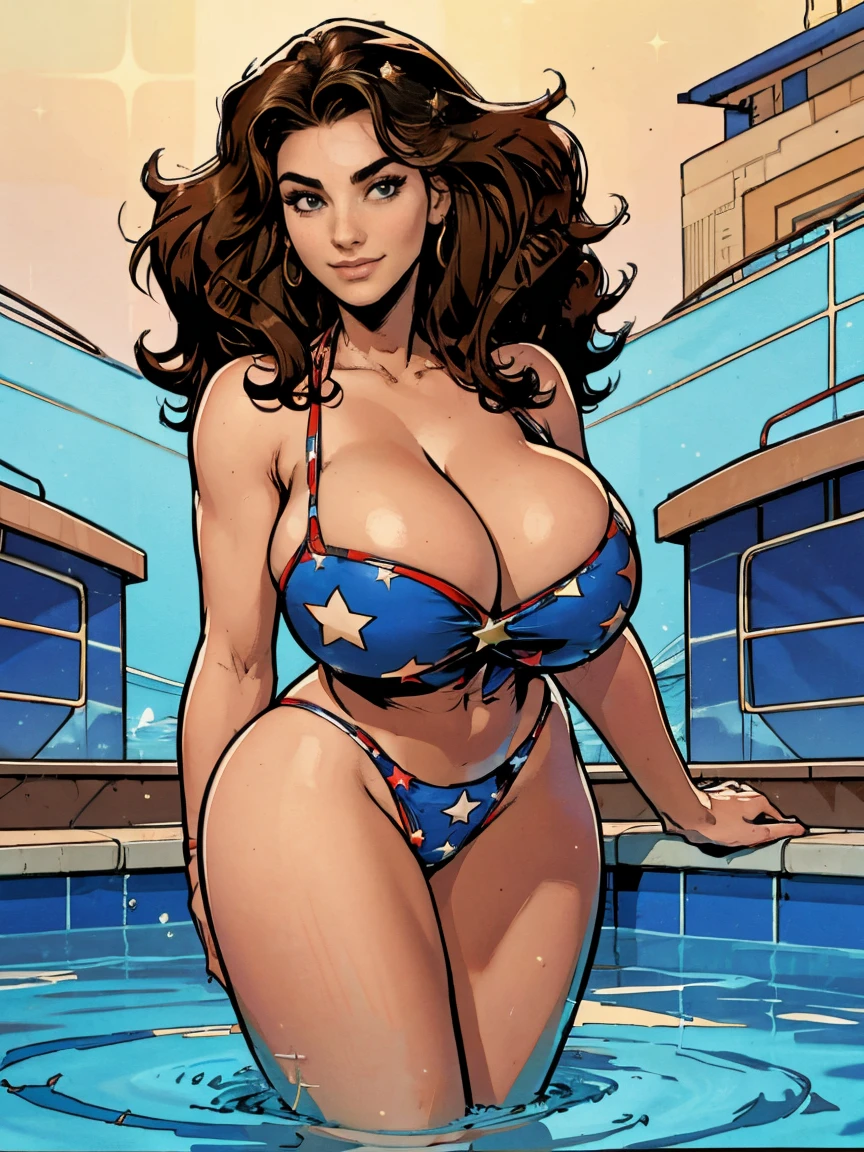 Smiling, looking at viewer, Gorgeous and sultry busty athletic, toned, (thin) brunette with sharp facial features and (big hair) and (huge breasts, long legs) wearing a star-spangled bikini, Americana, swimming pool.