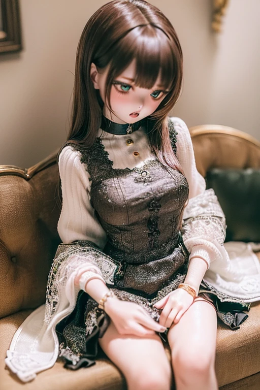 photorealistic, realistic photo, 8k, ((highest quality)), ((masterpiece)), (extremely detailed), kukolnydom, doll, (mature woman, 20yo, 20 years old:1.6), solo, eye level shot, sitting on sofa, hands on knees, brown hair, green eyes, (looking down, blank eyes, empty eyes, detailed eyes:1.3), light smile, dress, museum