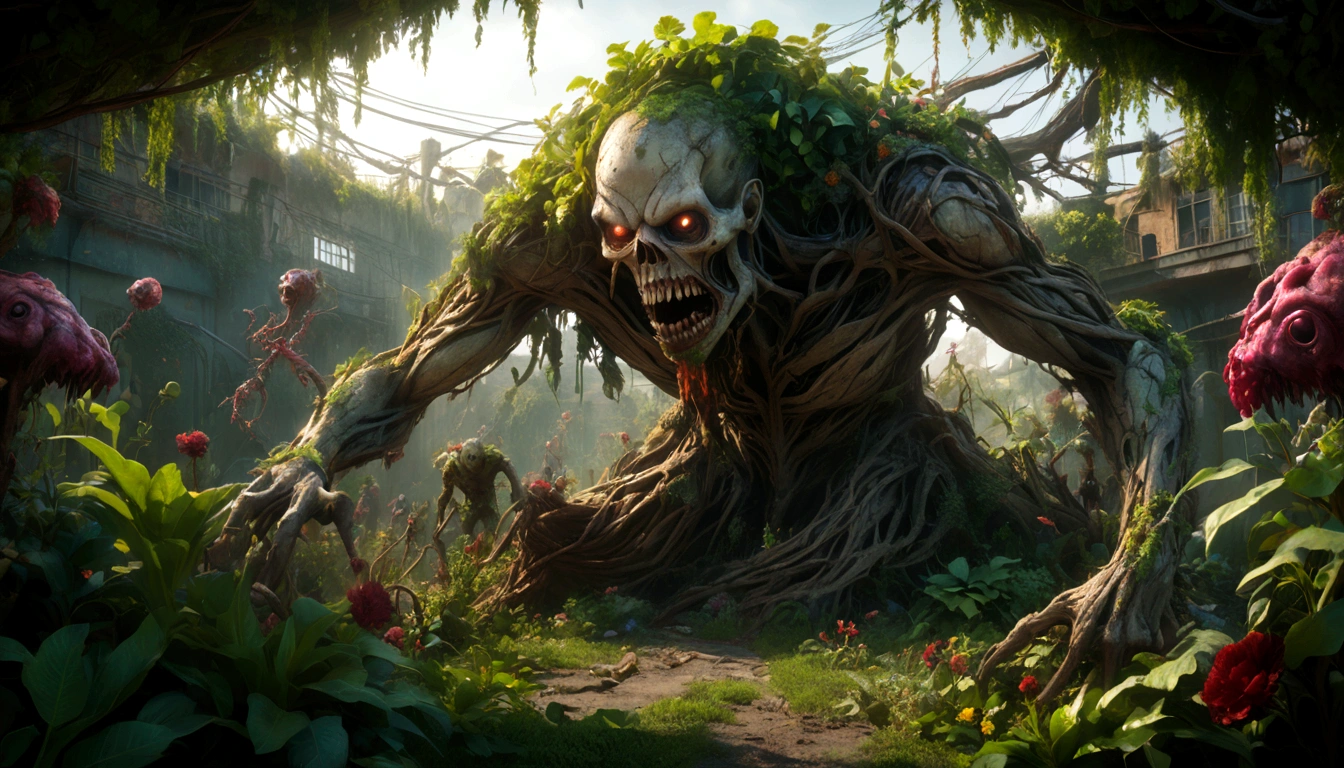 a post-apocalyptic garden, plant creatures battling zombies, highly detailed, dark fantasy, cinematic lighting, dramatic composition, hyper-realistic, 8k, intricate details, lush vegetation, twisted roots, shambling undead, gnarled branches, vivid colors, photorealistic, masterpiece