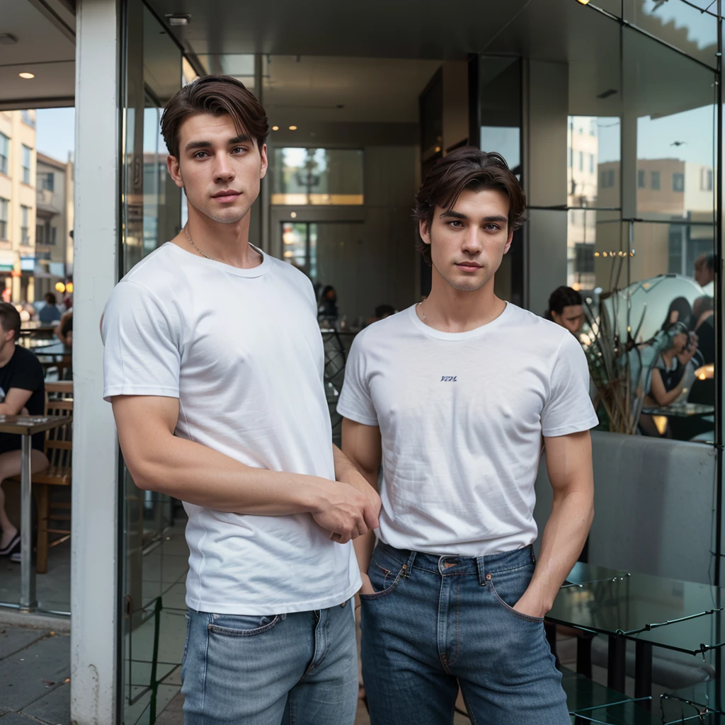 Handsome 26 year old man, 170cm tall, 60kg weight, Caucasian skin, dark hair, grey-eyed, Wearing White T-shirt, jeans, looking elsewhere, (((in front of a restaurant with glass statements))), natural morning light, 8K Realistic Portrait, highy detailed, analog style, (((whole body))),