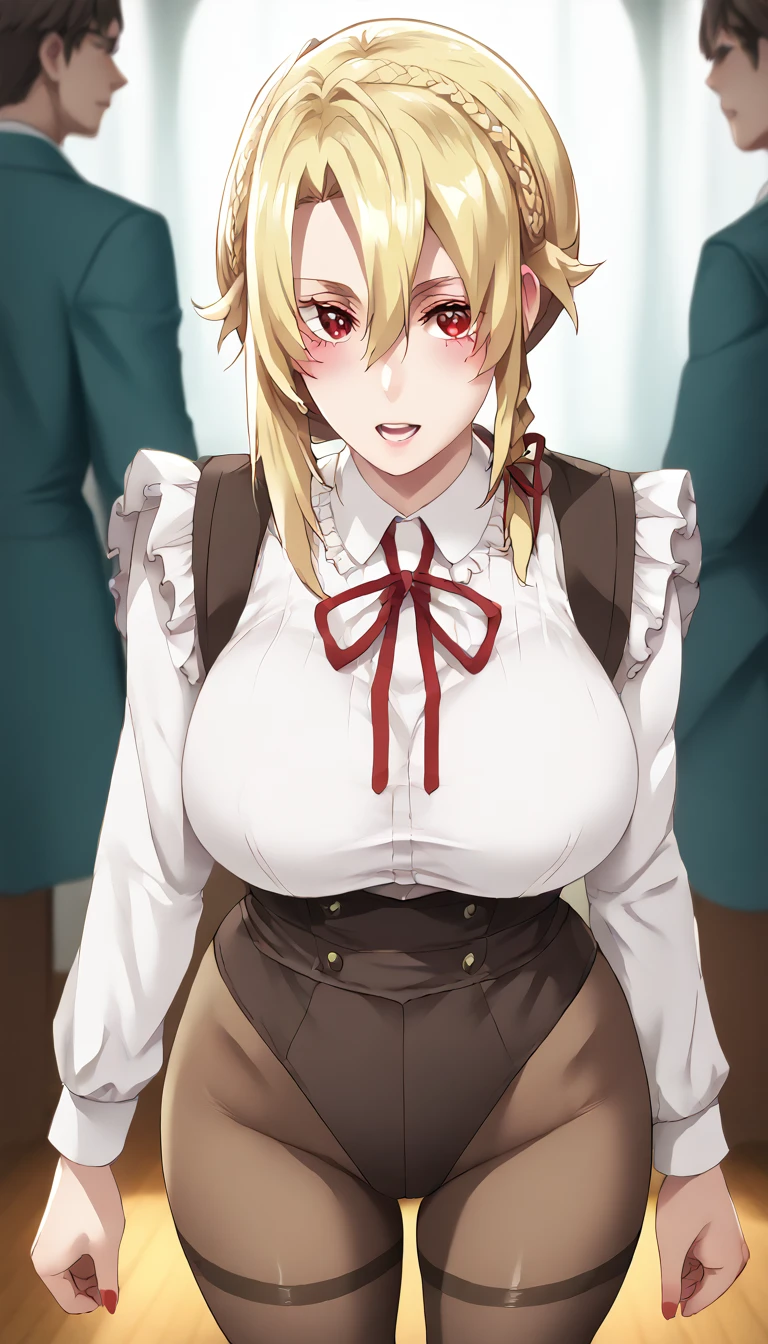 score_9, score_8_up, score_7_up, score_6_up, uncensored, angelica, blonde hair, braid, red eyes, BREAK (masterpiece:1.2), best quality, high resolution,(detailed eyes:1.3), perfect lighting,(perfect hands, perfect anatomy), large breasts, , miniskirt, pantyhose, dynamic pose