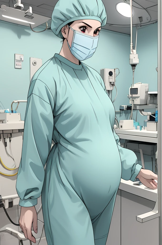 masterpiece, highest quality, side view, (RAW photo, best quality), 1girl, pale skin, shy eyes, big breasts, pregnant, natural lighting, solo, upper body, hospital, in the operating room, surgical bet,
ray kasugano, pregnant with big belly, labcoat, (give a score of 9_give a score of 8_give a score of 7) long sleeve surgical gown, tight fitting, surgical cap, cover ears, surgical mask, surgical gloves, 