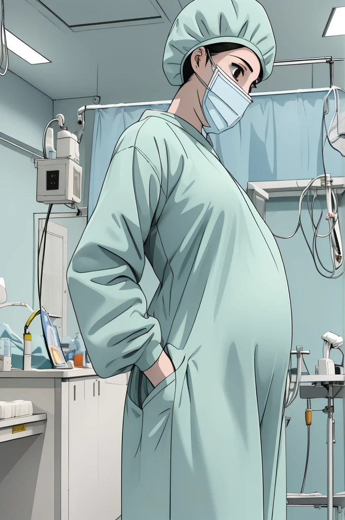 masterpiece, highest quality, side view, (RAW photo, best quality), 1girl, pale skin, shy eyes, big breasts, pregnant, natural lighting, solo, upper body, hospital, in the operating room, surgical bet,
ray kasugano, pregnant with big belly, labcoat, (give a score of 9_give a score of 8_give a score of 7) long sleeve surgical gown, tight fitting, surgical cap, cover ears, surgical mask, surgical gloves, 