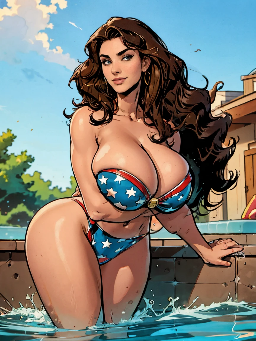 Smiling, looking at viewer, Gorgeous and sultry busty athletic, toned, (thin) brunette with sharp facial features and (big hair) and (gigantic tits, long legs) wearing a star-spangled bikini, Americana, swimming pool.