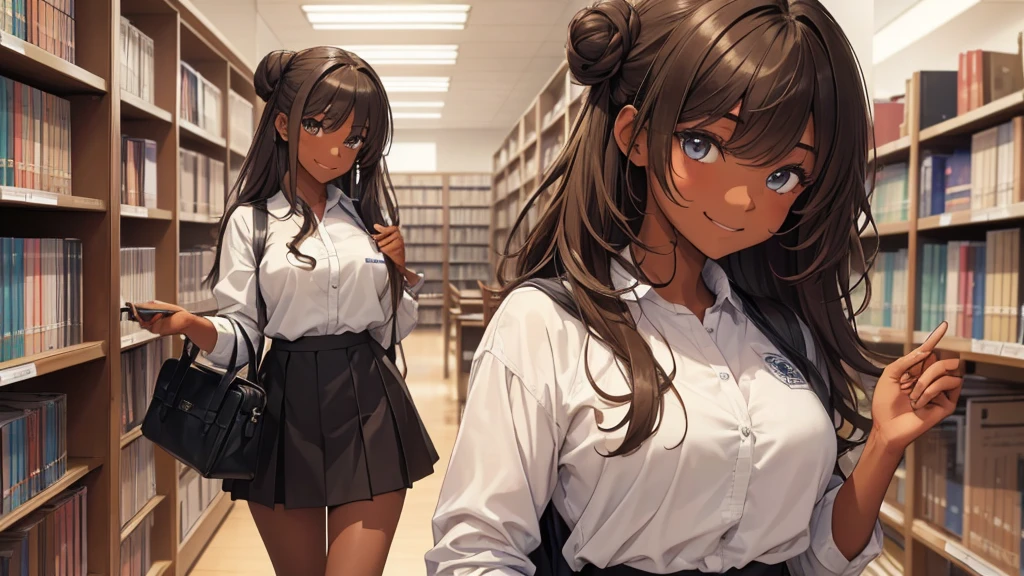(((Masterpiece, highest quality, high definition, high detail)))), (((modern))), ((Inside college library)), ((standing in library)), (((one girl))), detailed eyes, beautiful face, tomboy, student clothes, girl with dark skin, ((long black hair in a bun)), hazel eyes, blunt bangs, wearing student clothes, student skirt, blushed face, large breasts, (dark skin*0.8), (long brown + wavy hair*1.2), looking at viewer, kind look, smiling sweetly